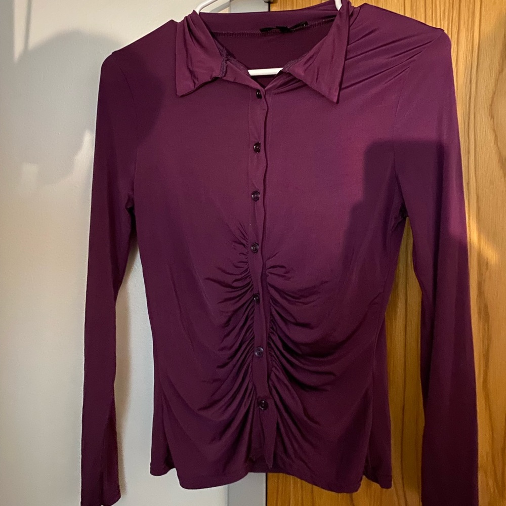 Purple ruched front slinky long sleeve top.